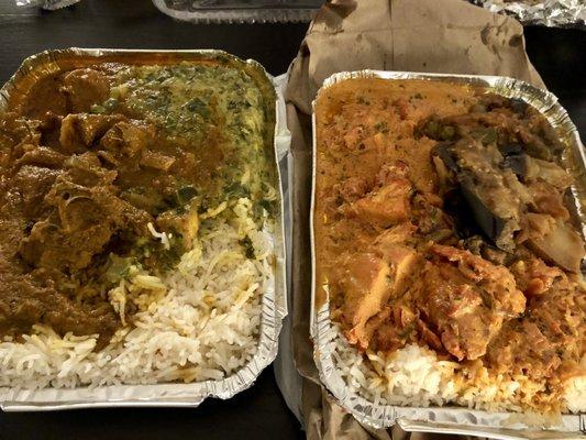 Lamb Curry with side of spinach and Chicken Vindaloo with side of Eggplant with Potatoes