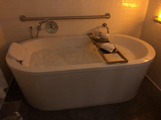 Room for bath: $30 for 25 mins. Bathrobe and towels are there.  Have bubbles, epsom salt, essential oils or all.