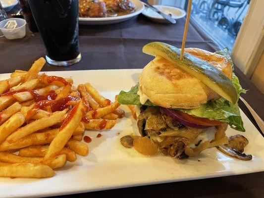 Burger... Mushroom and sautéed onions with provolone cheese