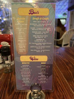 Beer & Wine menu