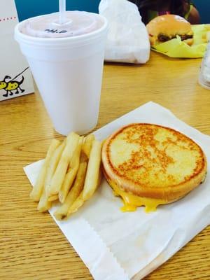 Kids grilled cheese and fries, also kids cheeseburger and fries.