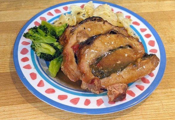 Stuffed Pork Loin with SteamedBroccoli and Bowtie Pasta