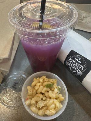 Cold macaroni salad and butterfly pea tea lemonade