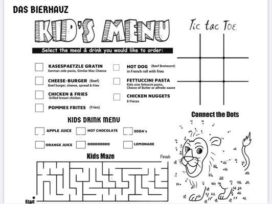 Kids menu