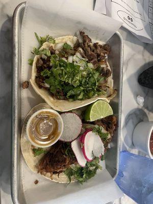 Carne asada taco and carnitas taco Both very good