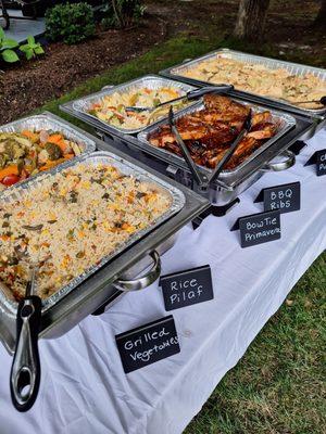 Buffet. BBQ Ribs, bowtie pasta primavera, rice pilaf.