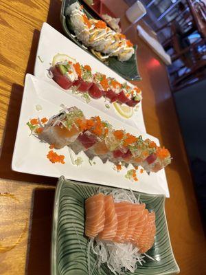 From bottom to top - salmon sashimi, sushi San , cherry bomb, crazy horse