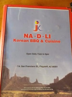 Front of the menu.