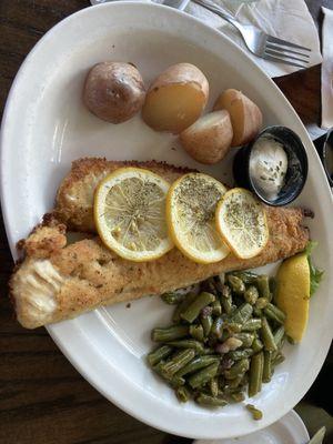 Pan fried walleye with red skin potatoes and green beans