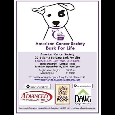 We are proud to sponsor the American Cancer Society Bark for Life event.  It should be a great event for you and your dog!