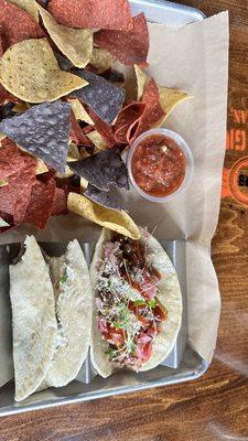 Carne Asada Taco and burnt end taco as well as Chips And Salsa