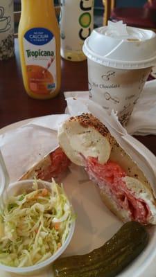 Lox, cream cheese, tomato & onions on an toasted everything bagel... comes with a yum side... the potato salad is good too!