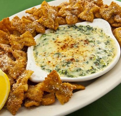 Artichoke & Spinach Dip with fried bowties