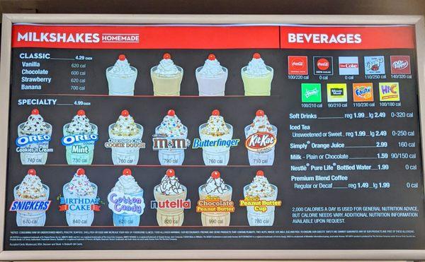 Caption: picture of shake menu and beverage next. 16 choices of shakes and coca-cola brand beverage options