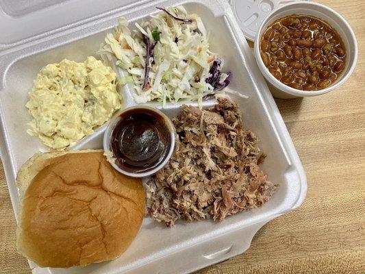 Large pulled pork plate with 2 sides & a side order of potato salad.