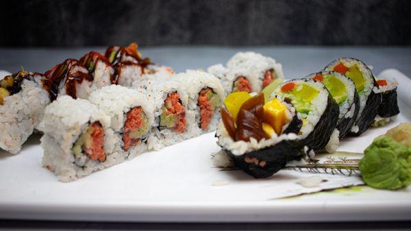 its, shirmp tempura roll, spicy tuna and veg roll