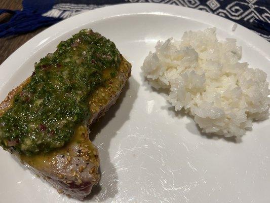 Seared Ahi Tuna with Chimichurii and sticky rice!