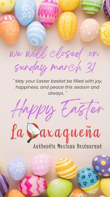 We are closed today Sunday march 31 happy Easter