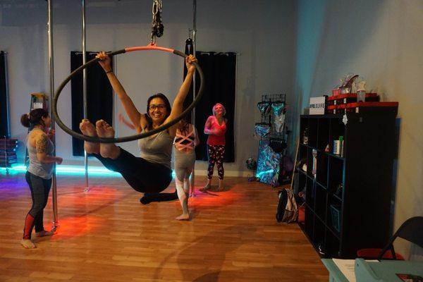 Having fun in Aerial Playground Class! Impulse Pole Dance (student shown is a Mom of 3!!).