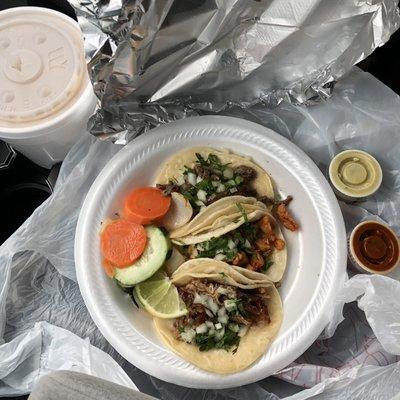 Asada, Pollo, Carnitas tacos and a horchata to drink...all for $6!