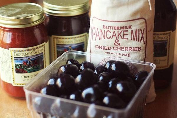 cherry salsa, cherry butter, pancake mix, and cherry maple syrup