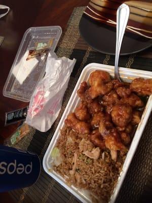 General Tso chicken with fried rice.