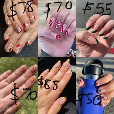 Nail art I had done at my go-to nail salon in Pasadena, CA (excluding the top left photo, done by my friend in LA), and associated costs