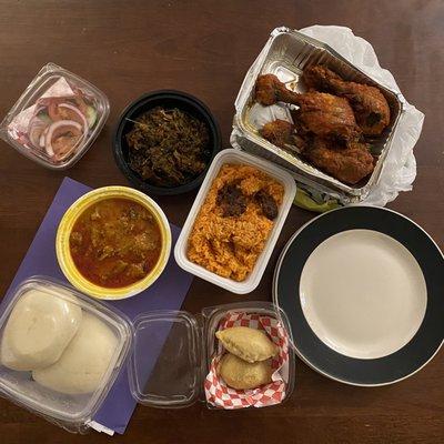 Clockwise from top right: 6 Pieces Chicken Drum Stick, Joll of Rice, Meat Pie, Fufu, Groundnut Soup, Nigerian Suya, Eforiro