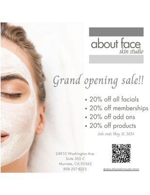 Grand opening sale!  Offering 20% off all facial treatments, products and memberships. Sale ends May 31, 2024 Use code GRANDOPENING20