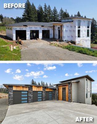 Before & After Photo with new James Hardie Fiber Cement siding & Stained Cedar siding. Camas, Washington