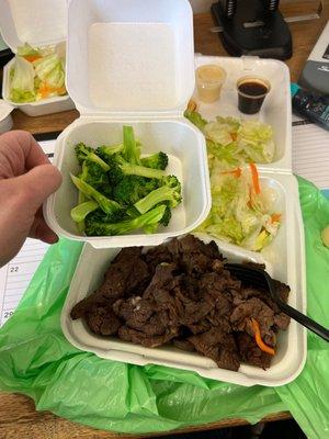 Beef teriyaki no rice and side of broccoli