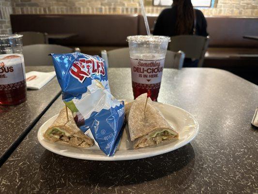 Santa Fe chicken wrap with chips and some iced tea!