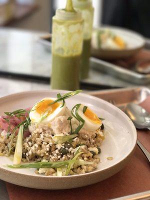 freekeh bowl with smoked white fish, capers, feta and egg