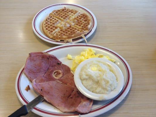 Country/cured ham, grits, and a very tasty waffle. May not look fantastic, but they all had great flavored hiding in there.