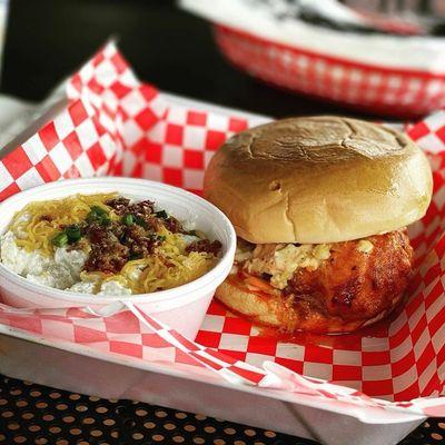 Yardbird sandwich with baked potato salad