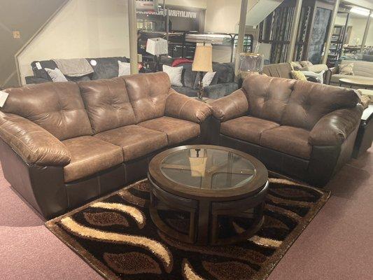 Gregale -Coffee - Sofa & Loveseat with Marion - Dark Brown -Cocktail Table w/ 4 Stools