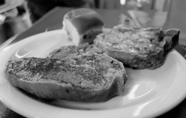 Blue light made pork chop look blue. So B&W helped.