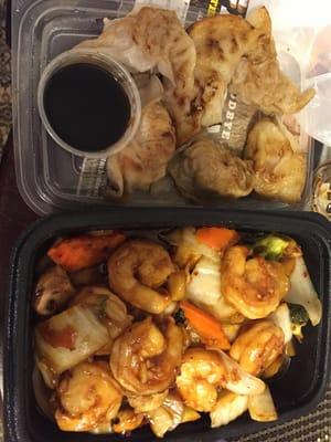 Huge garlic shrimp and yummy fried dumplings.