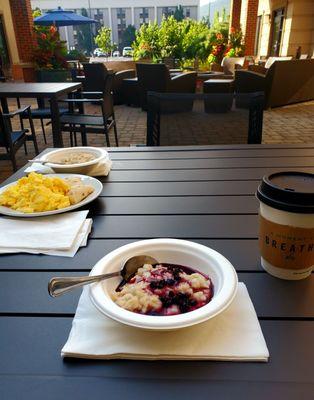 Breakfast from the buffet included. Hubs eggs+scones. My oatmeal w blueberries - 7/14/2024