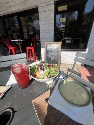 Salad, Broccoli Cheddar Soup (GF, soyfree) & Hibiscus Lemonade at an outside table.