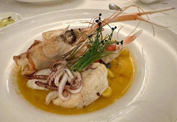 Saffron seafood (langoustine, fish, calamari) bouillabaisse: light & delicious