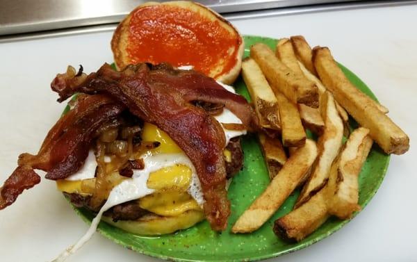 RedEye Burger $7.99   1/2 lb. w/ cheese, grilled onions, fried egg, bacon, and redeye sauce w/ fries.