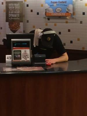 This is how you are greeted at Taco Johns in Sheridan. A kid wearing head phones with a dirty rag on his shoulder.