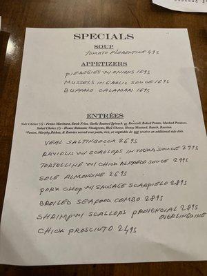 Specials menu