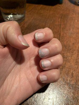 My gel nails that chipped after 1.5 days. The polish they used was layered in 2-3 layers/bottle looked quite old and crusty.