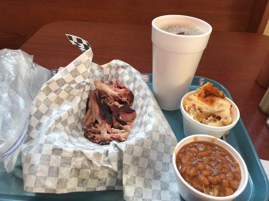 Pulled pork combination basket includes baked beans and hot potato salad.