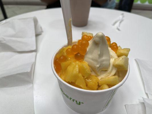 Island mango with fresh pineapple, mango and mango boba.