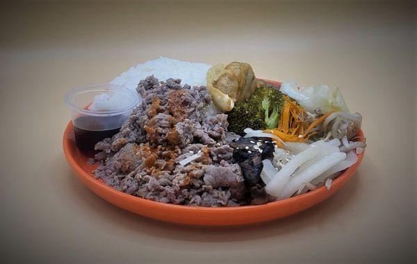 Savory Beef with covered in K-Bap sauce served with broccoli, mushrooms, onions, sprouts, and cabbage.