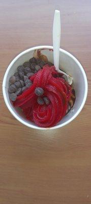 nonfat chocolate yogurt, with raspberry pomegranate, choc chips, and choc syrup