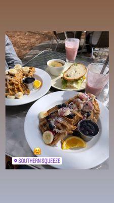 PB waffle with fresh fruit. Had to also share the Pesto Toastie and Soup because it is amazing!